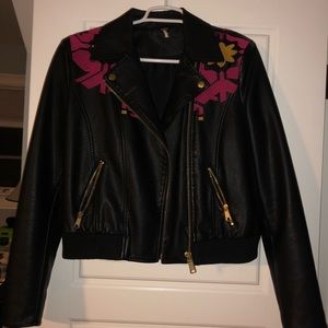 Free People embroidered leather bomber jacket